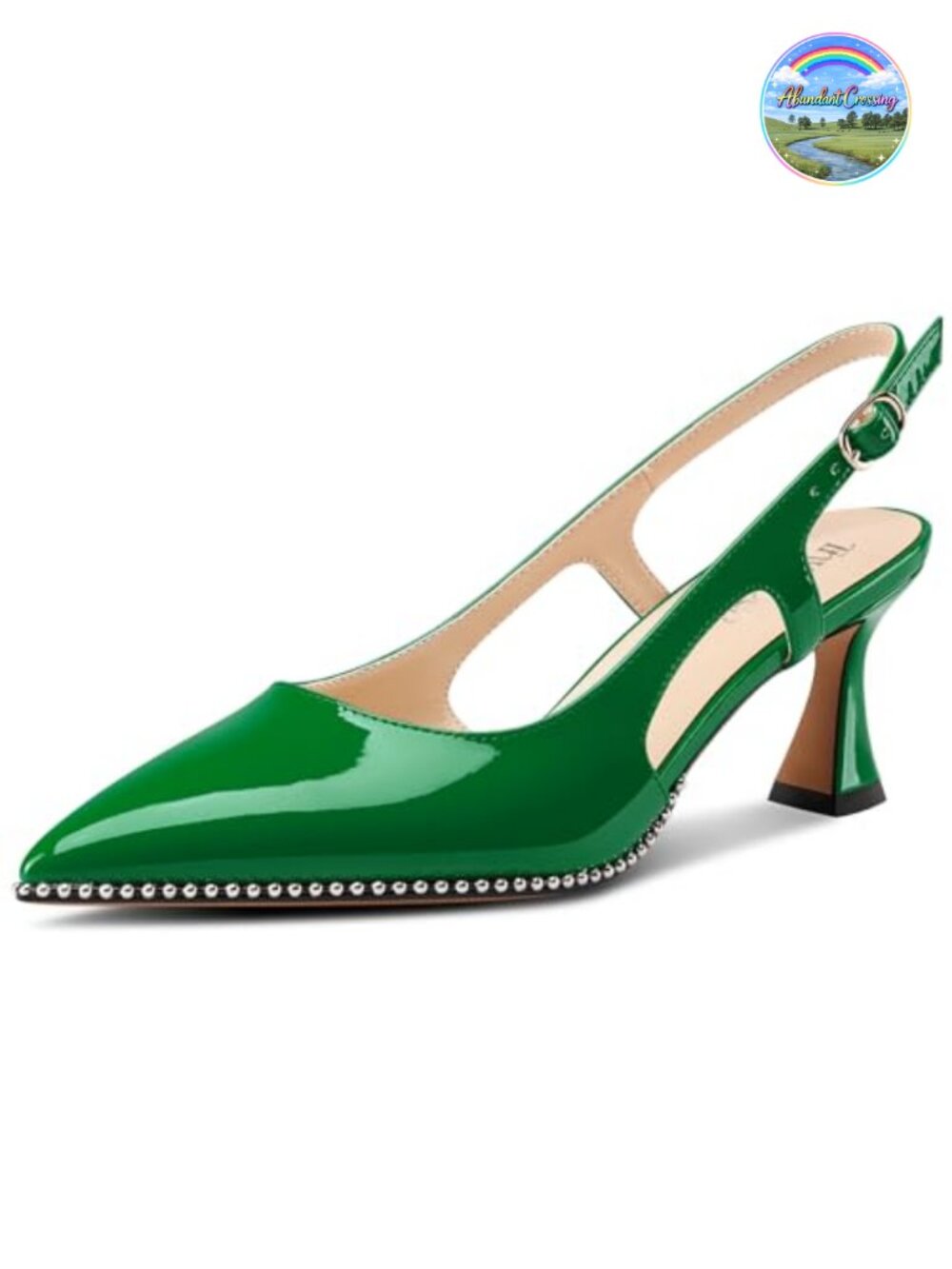 Womens Kitten Heel Pointed Toe Slingback Pumps Beaded Patent Leather Prom Heels